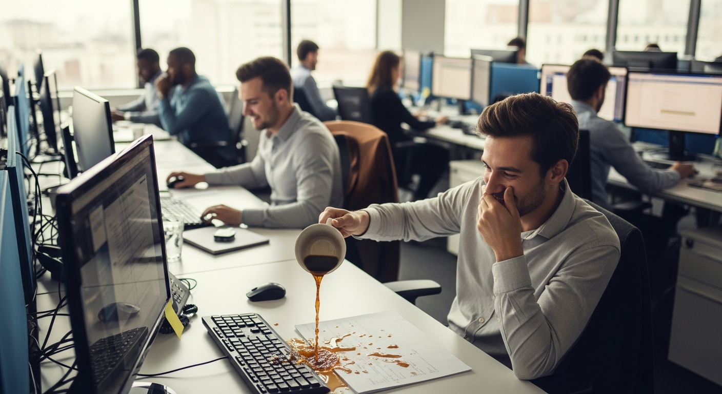 A busy modern office space where an individual accidentally spills coffee on their keyboard, with coworkers reacting with amused smiles and lighthearted gestures, illuminated by bright natural light.