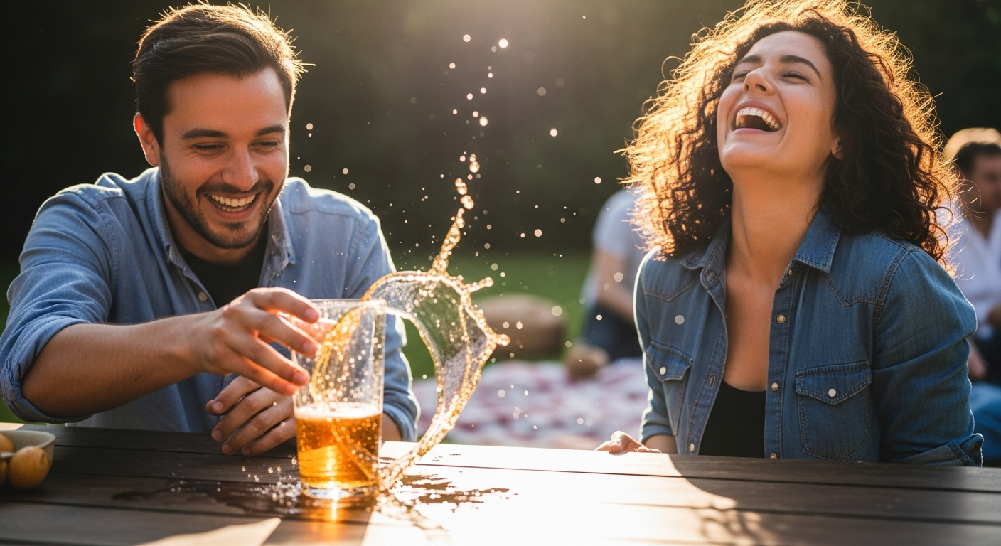 A candid shot of friends at a casual outdoor gathering, one person accidentally knocking over a drinks, both laughing freely amid sunlit, vibrant surroundings.