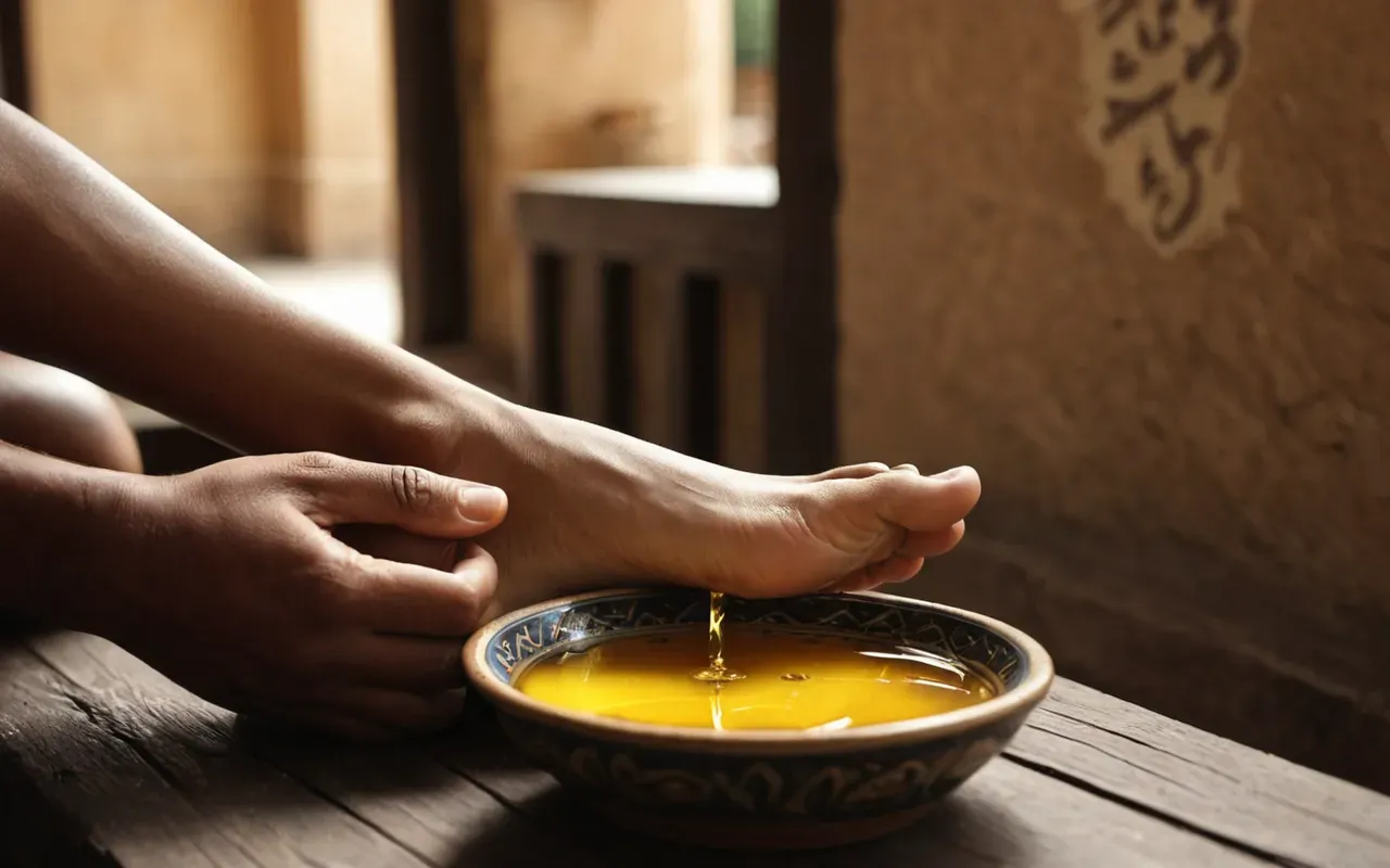 A close-up of a person's hands gently massaging the arch of a foot, with a small bowl of golden oil nearby, soft natural morning light streaming through sheer white curtains in a bright minimalist bathroom.