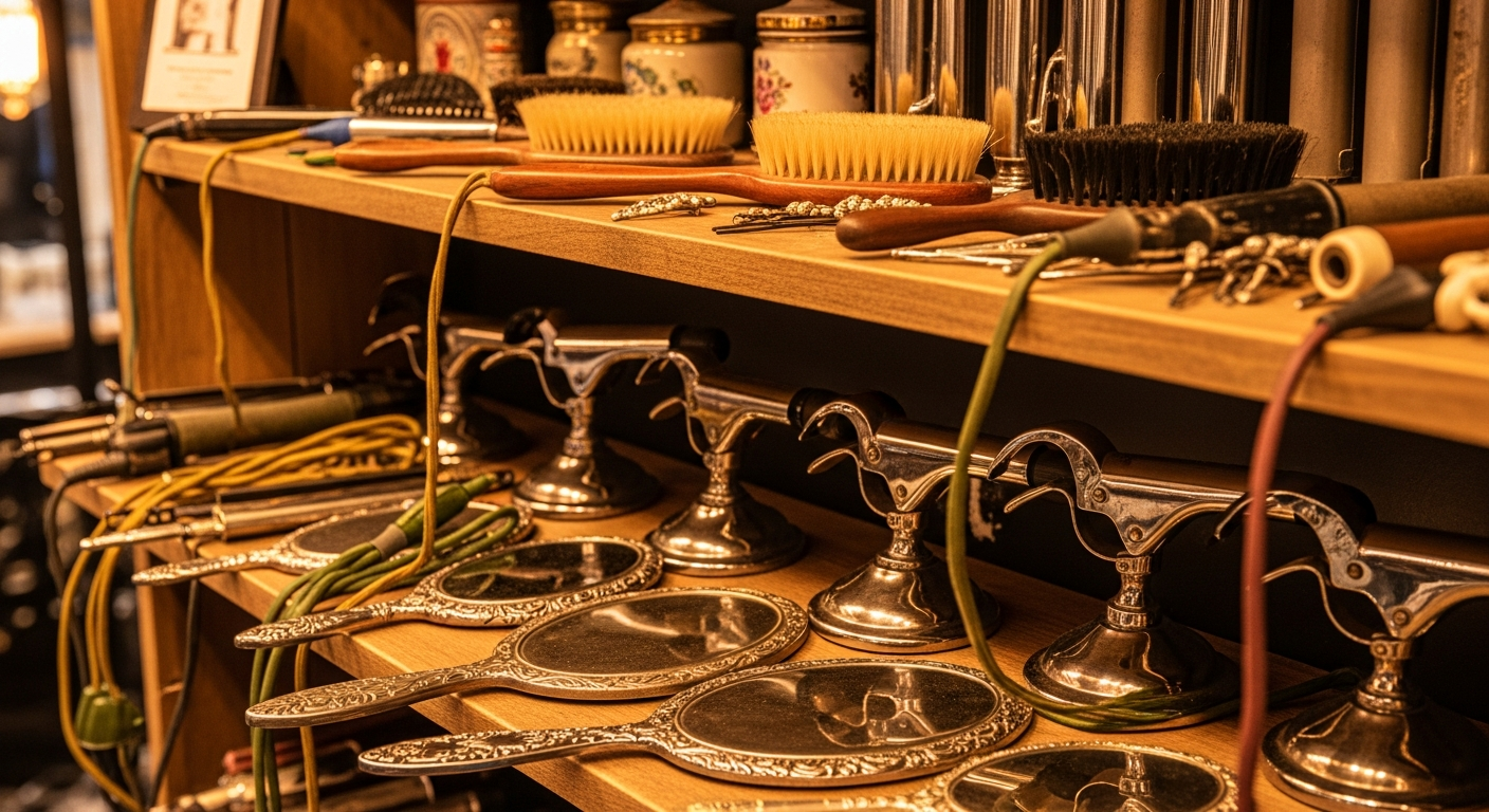 A close-up of vintage hair styling tools displayed on shelves, with warm lighting and a cheerful atmosphere, capturing the nostalgic charm of roadside museums.