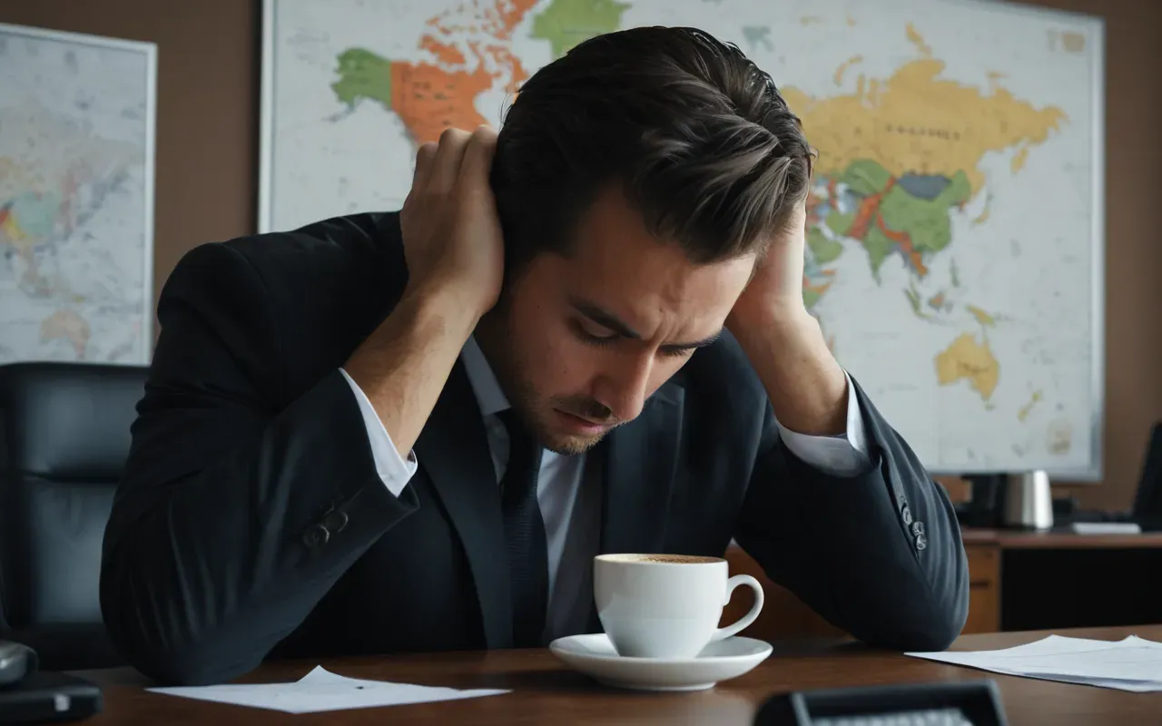 A close-up shot of a person holding their head in mild shock while looking at a spilled cup of dark coffee on an office desk.