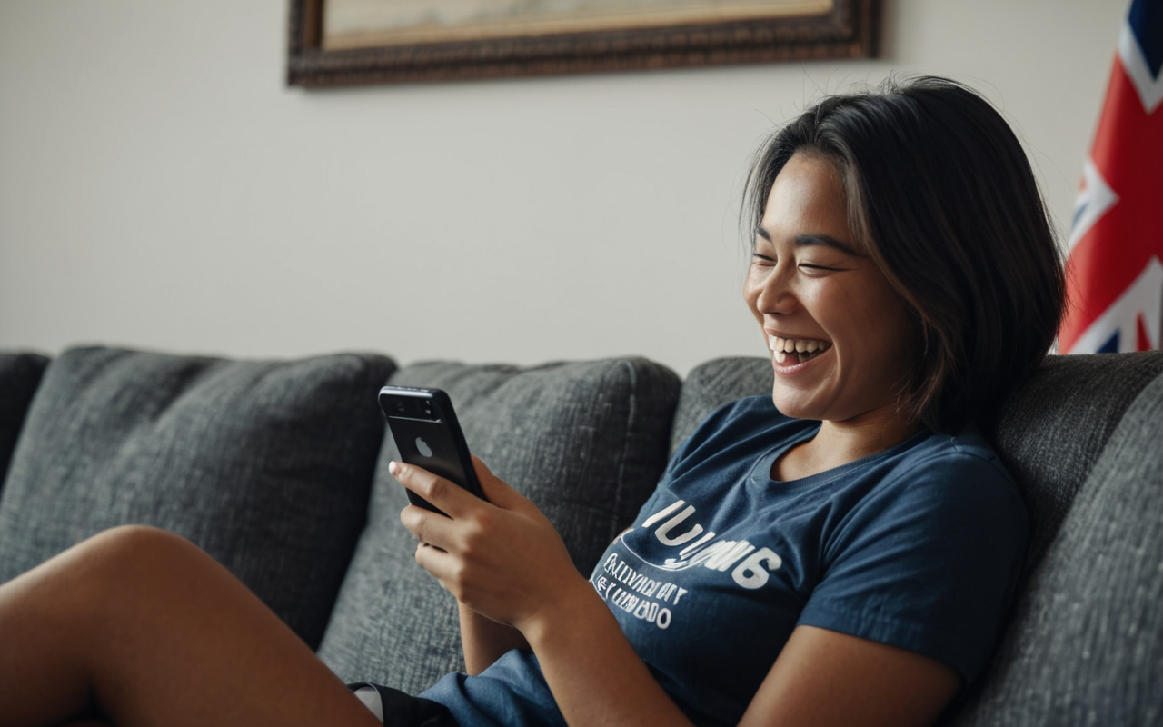 science memes A close-up shot of a person sitting comfortably on a modern sofa, holding a smartphone and laughing. The smartphone screen shows a colorful, abstract scientific diagram with bright colors and simple shapes. The room is softly lit with warm, ambient lighting. The person's expression is one of genuine amusement and curiosity. The background is blurred, focusing attention on the person and the device. The scene conveys a sense of relaxed, enjoyable learning in a comfortable home environment. No text is visible on the screen.
