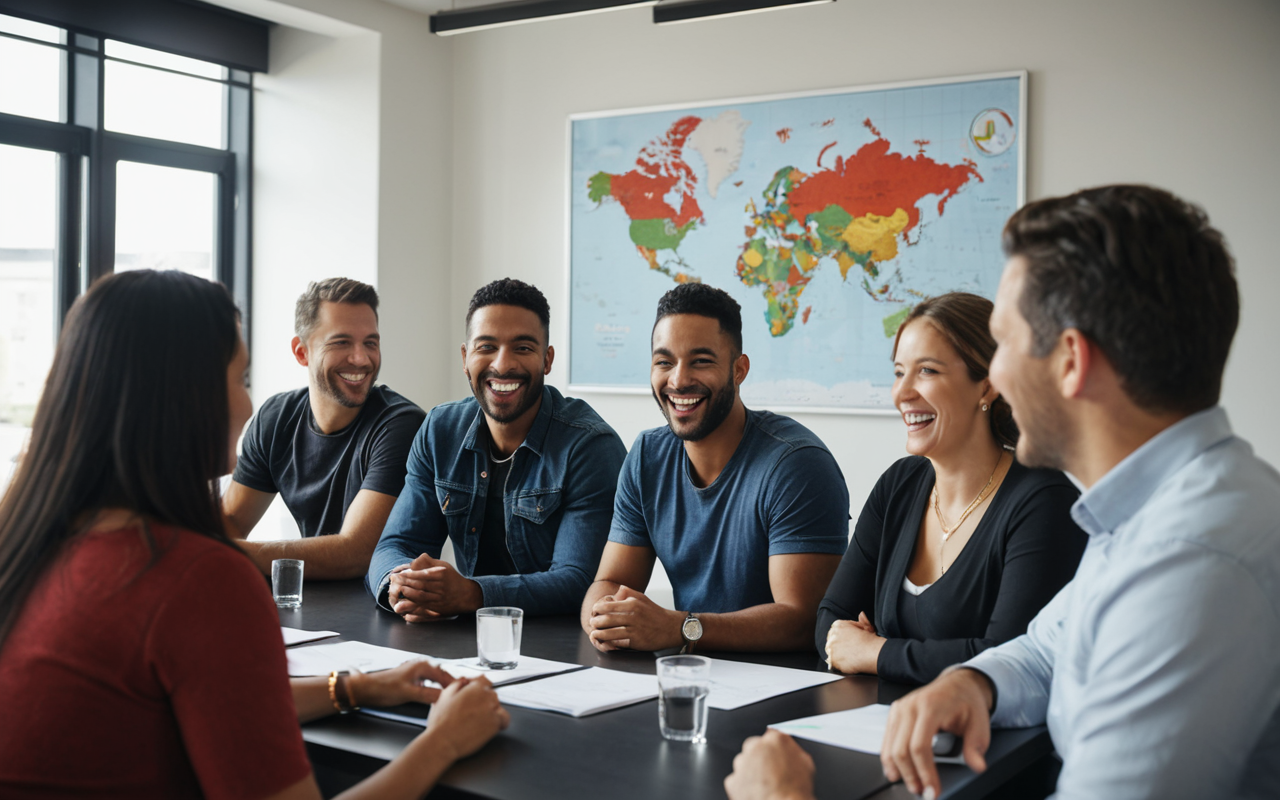 A diverse group of people sitting in a modern meeting room laughing together during a casual discussion, bright interior, contemporary office setting, editorial style