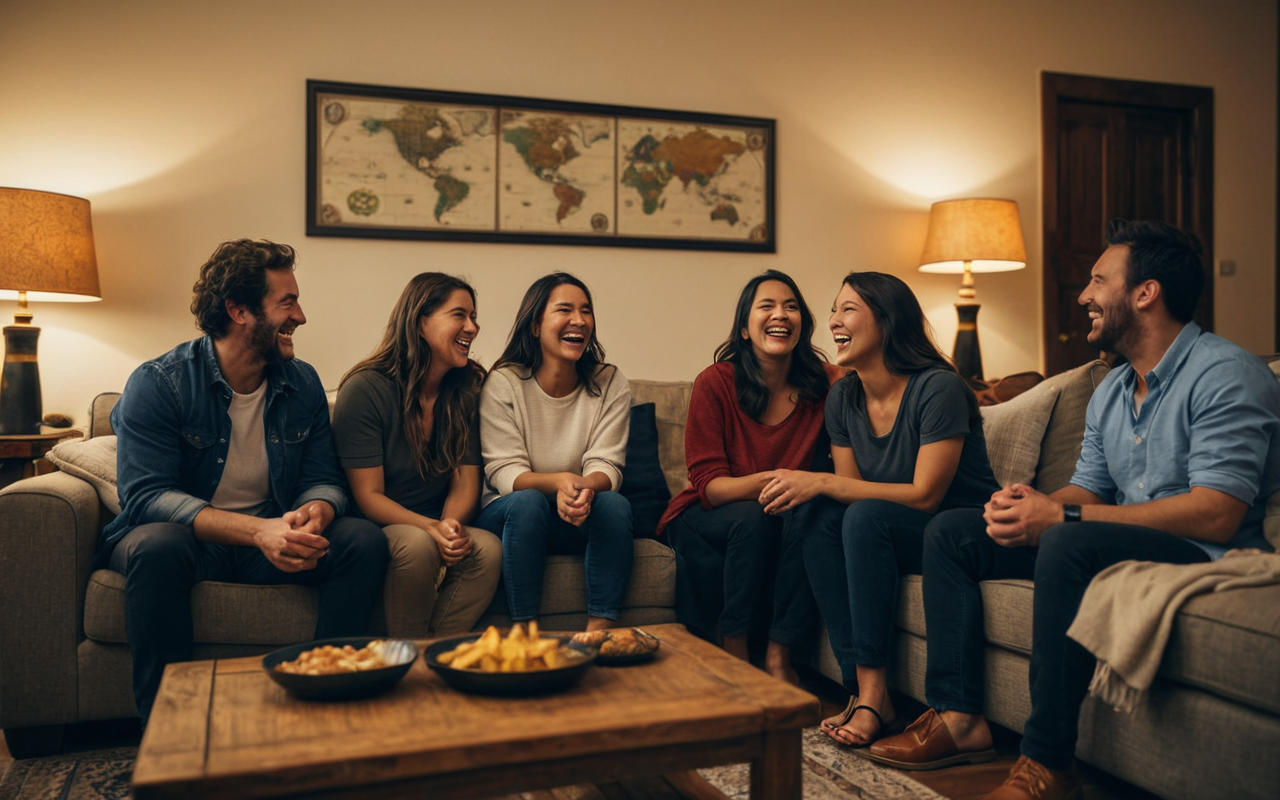 relationship humor A group of people sitting in a cozy living room laughing together, soft evening lighting, comfortable furniture, relaxed posture, no text or screens