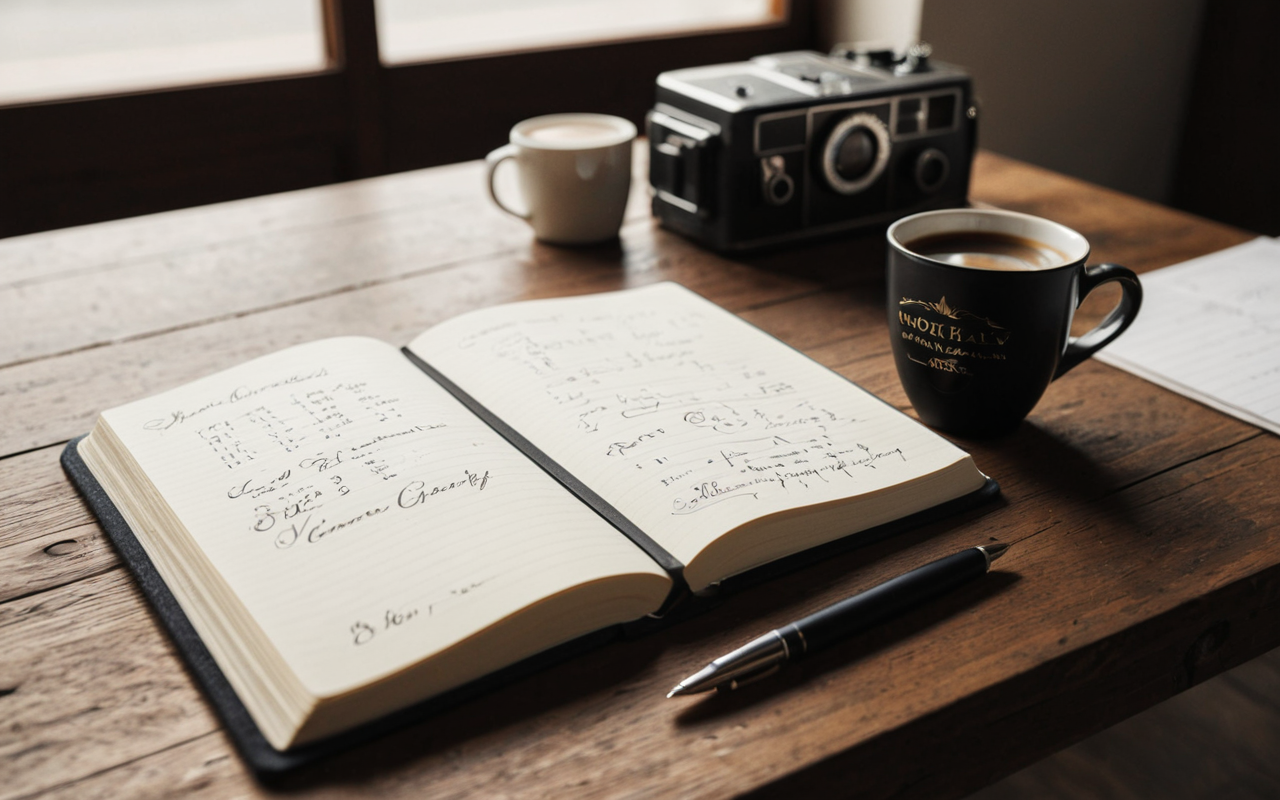 A handwritten journal open on a wooden desk with a pen and a cup of coffee, soft natural light, minimalist workspace, editorial photography
