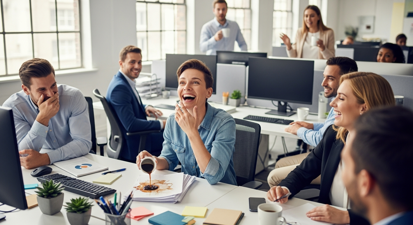 A lively office scene where a person bursts into laughter after spilling coffee on an important document, surrounded by colleagues sharing a lighthearted moment