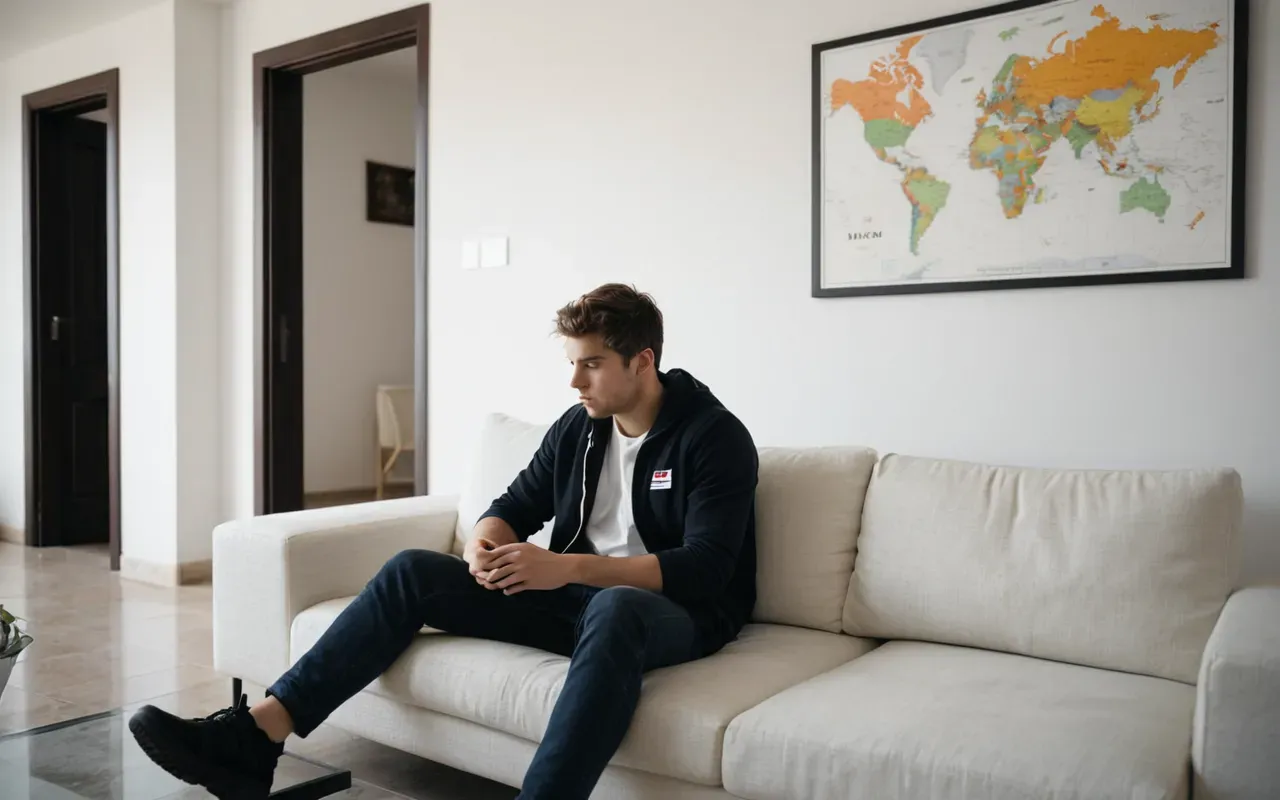 A modern young adult sitting on a white minimalist sofa in a brightly lit living room, staring blankly at an empty doorway with a confused expression. Soft natural light streams through large windows behind them.