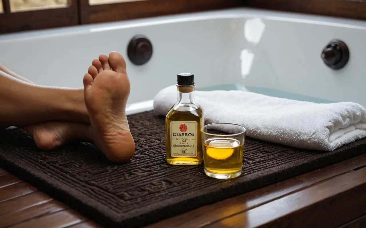 A pair of human feet resting on a dark wooden bath mat, with a small open glass bottle of golden oil and a clean white towel nearby, soft warm lighting from a bedside lamp creating long shadows in a modern neutral bedroom.
