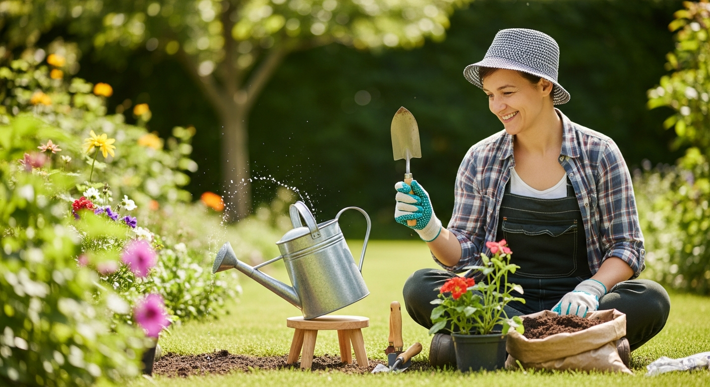 A person confidently tackling a small garden project, mistakenly hitting a watering can off its stand, with a smile and relaxed posture under soft morning light.