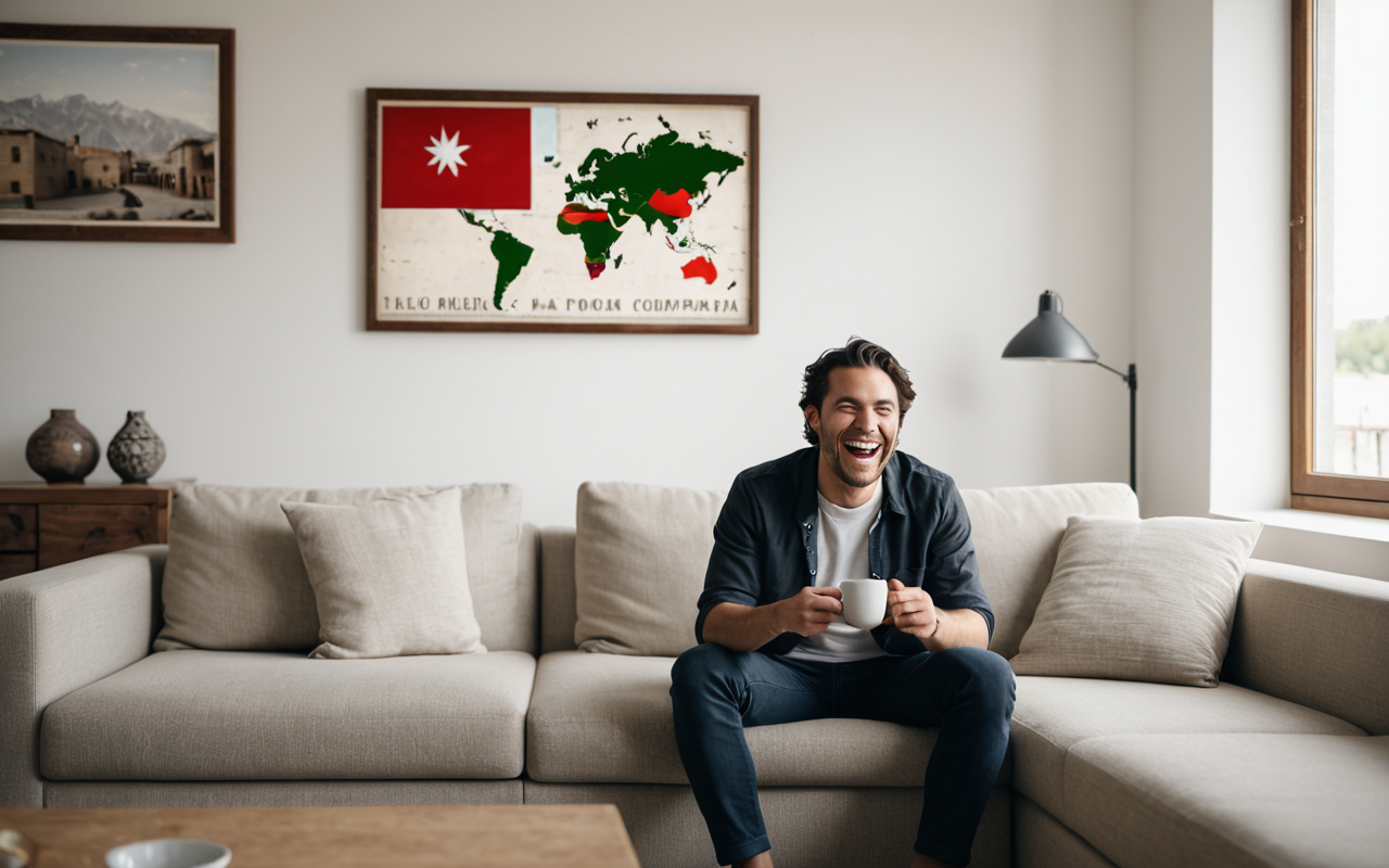 A person laughing while sitting on a modern minimalist sofa in a bright contemporary living room, soft natural lighting, neutral color palette, candid lifestyle photography