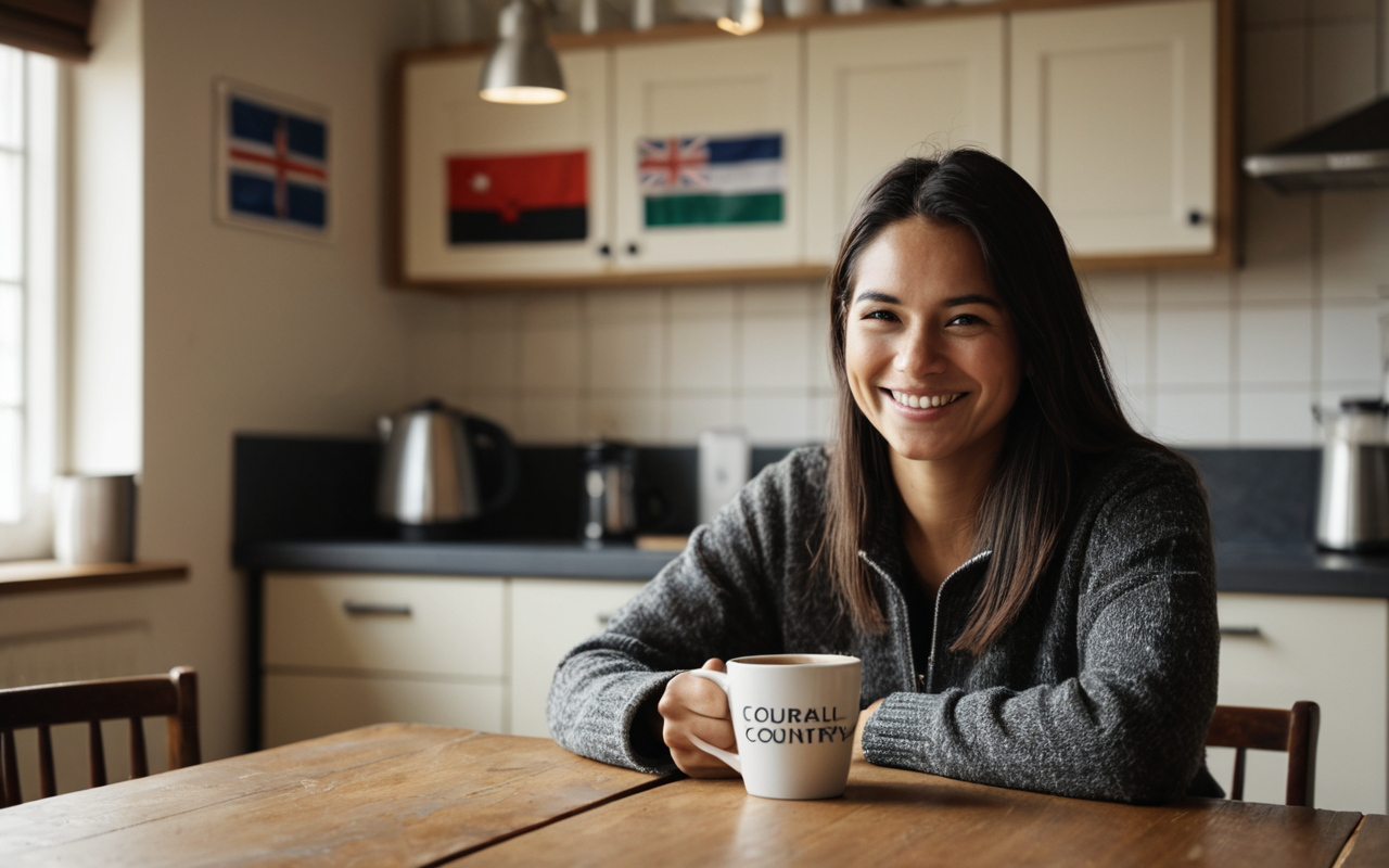 self-enhancing humor A person sitting alone at a kitchen table smiling softly while holding a coffee mug, warm morning light, tidy modern interior, no text or screens