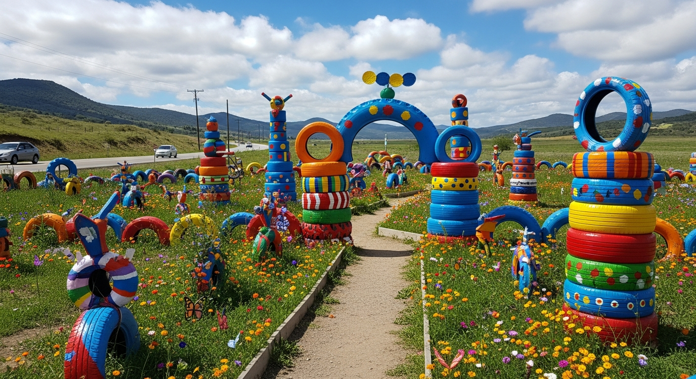 A vibrant roadside museum filled with vintage hair styling tools and nostalgic memorabilia in a bright, modern desert setting, with visitors smiling and engaging with the exhibits.