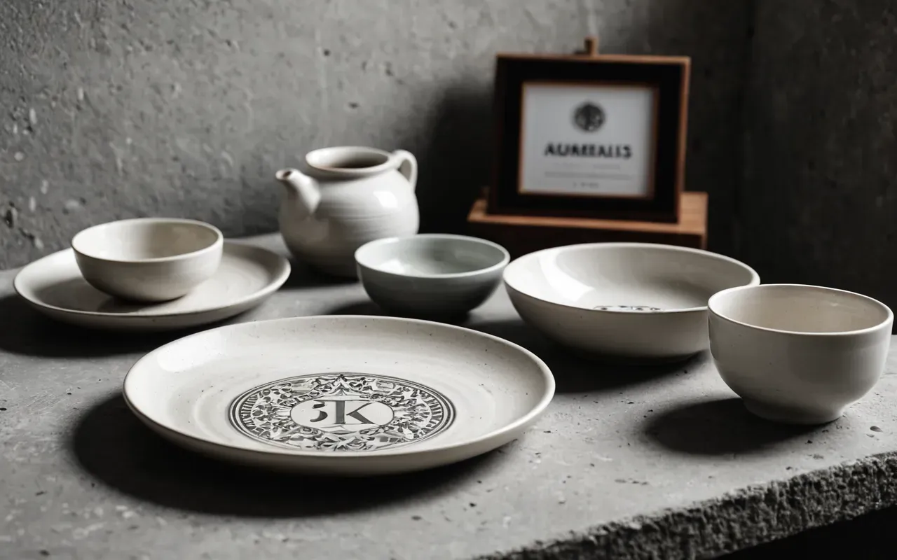 half day job balance Clean editorial still life of ceramic dishware on a concrete surface, diffused soft light, monochrome neutral tones