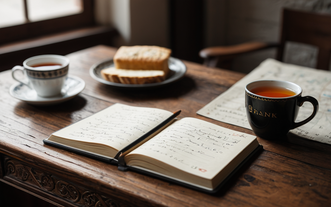 daily mishaps Close-up of a handwritten journal on a wooden desk with a cup of tea and a pencil, soft natural light, cozy and reflective atmosphere, minimalist style