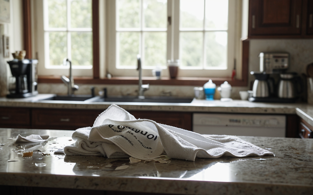 morning routine Close-up of a messy kitchen counter with spilled coffee, a knocked-over glass, and a crumpled towel, soft natural morning light, realistic domestic scene