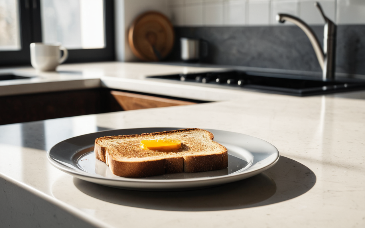 Close-up of a modern minimalist kitchen counter with a slightly burnt piece of toast on a ceramic plate, soft morning light streaming through a window, neutral tones, editorial photography