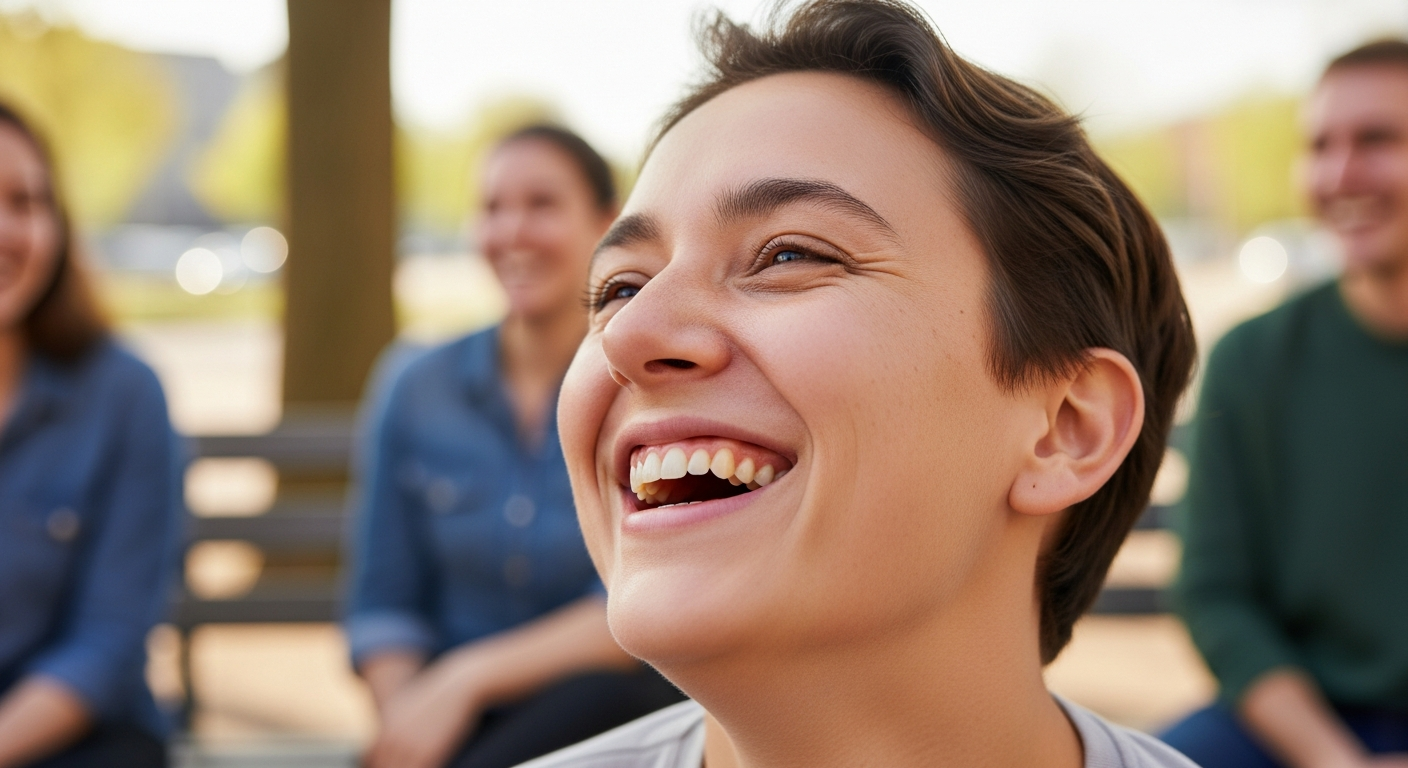 Close-up of a person mid-laugh with friends in a casual outdoor setting, capturing genuine joy and camaraderie in everyday mishaps