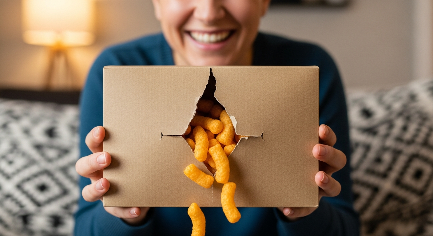 Close-up of a person smiling broadly while holding a comically bent and spilled snack box, in a casual home setting with warm lighting, illustrating joy in imperfection.