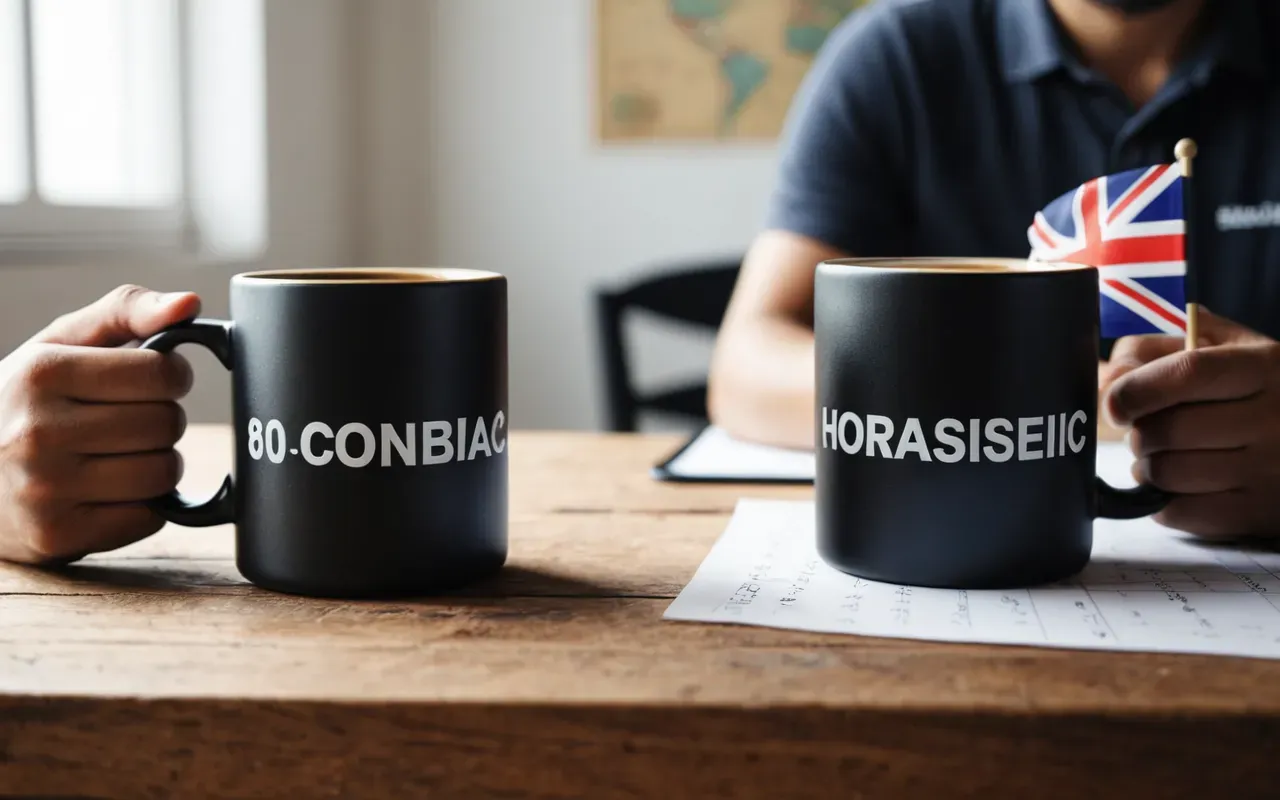part time work downsides Close-up of hands holding two different colored coffee mugs on clean wooden desk surface with soft daylight illuminating simple workspace setup