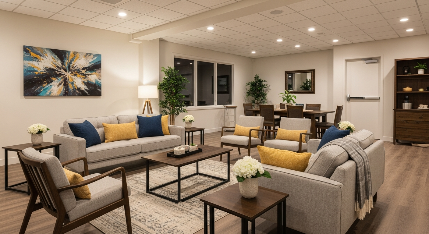 Contemporary living room scene with friends sharing a laugh over a humorous mishap, featuring casual outfits and warm lighting, emphasizing connection and fun