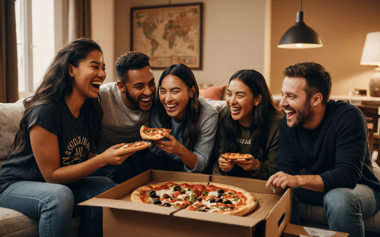 humor in daily life Group of diverse friends laughing together in a cozy modern living room while eating pizza from a cardboard box, warm ambient lighting, candid lifestyle photography