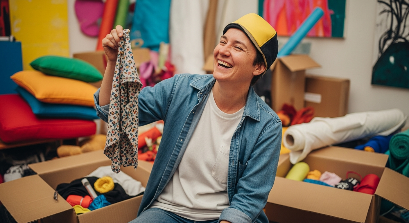 Image of a person in casual clothing cracking a candid smile while holding a torn piece of clothing, with a background of a colorful, cluttered garage, symbolizing embracing flaws
