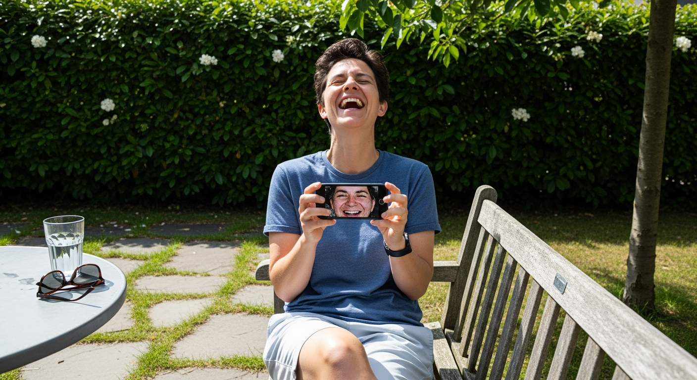 Image of a person sitting outdoors, laughing while looking at a phone with a funny, accidental screenshot, surrounded by casual outdoor elements like a park bench and trees, capturing a moment of lightheartedness.