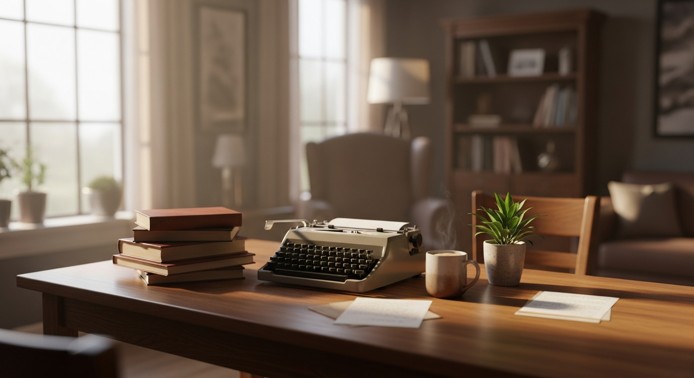 Interior of a cozy workspace with a person smiling while fixing a computer glitch, emphasizing patience and humor in problem-solving