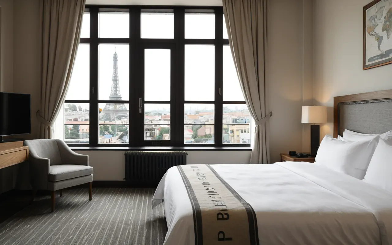 freelance lifestyle struggles Interior of a modern boutique hotel suite with made bed, neutral linens, and large windows, soft morning light