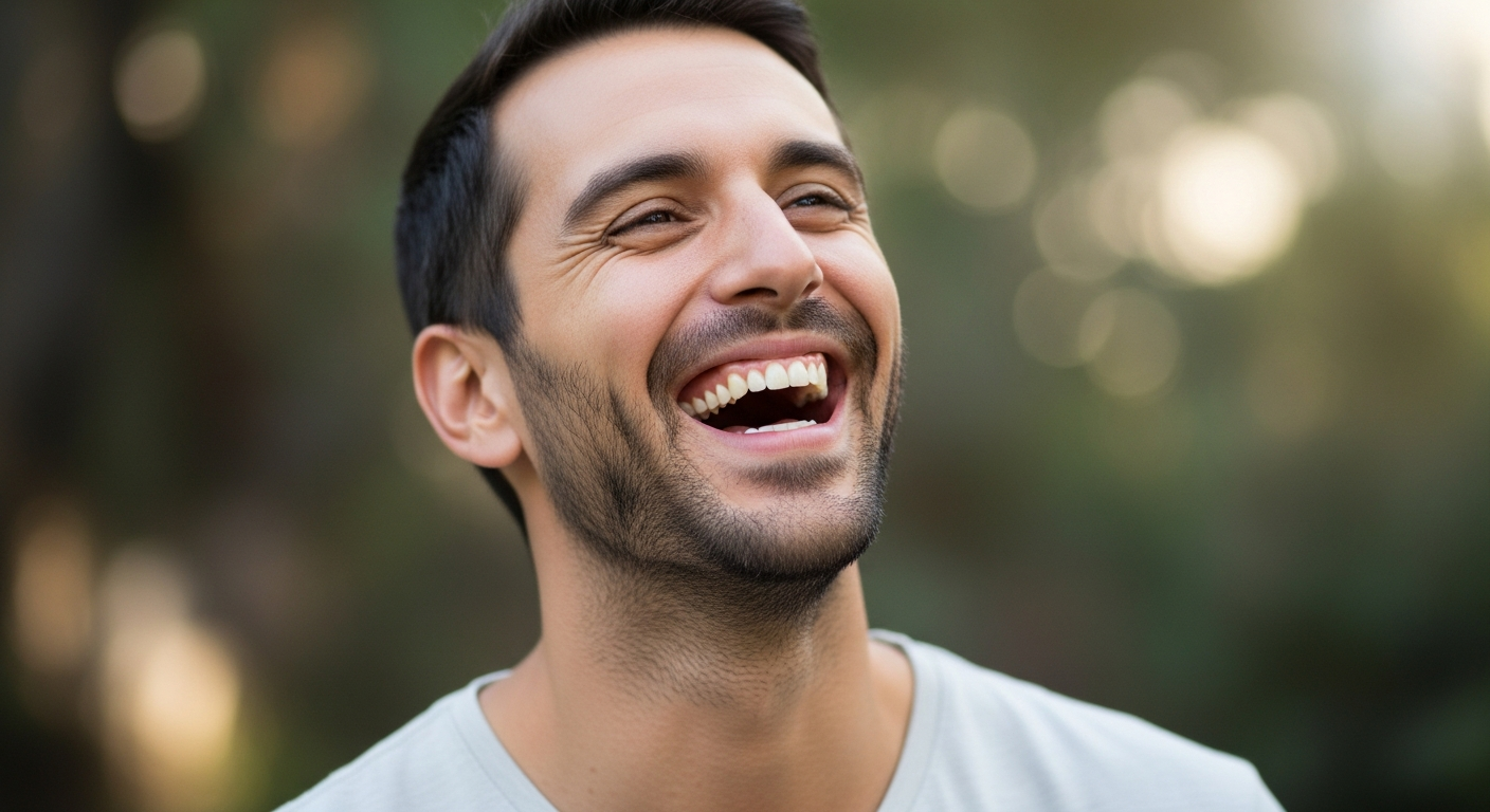 Photo of a person laughing at a laptop after spilling coffee, surrounded by chaotic but relatable everyday office items, illuminated by warm indoor lighting, capturing a moment of humor amid chaos.