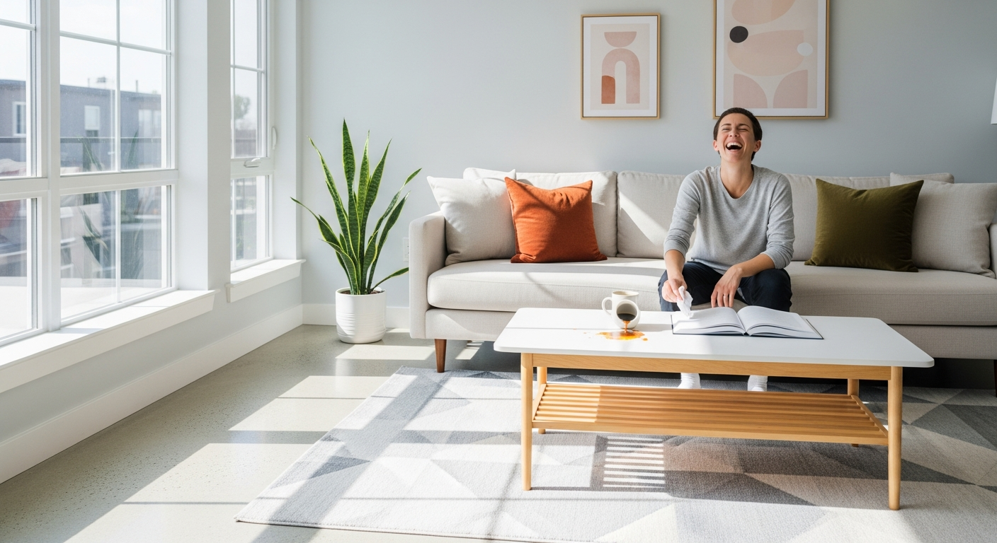 Photorealistic image of a modern, bright living room with a person laughing at a small, humorous mistake like spilling coffee on a book while sitting on a cozy sofa, soft natural lighting emphasizes the lighthearted mood