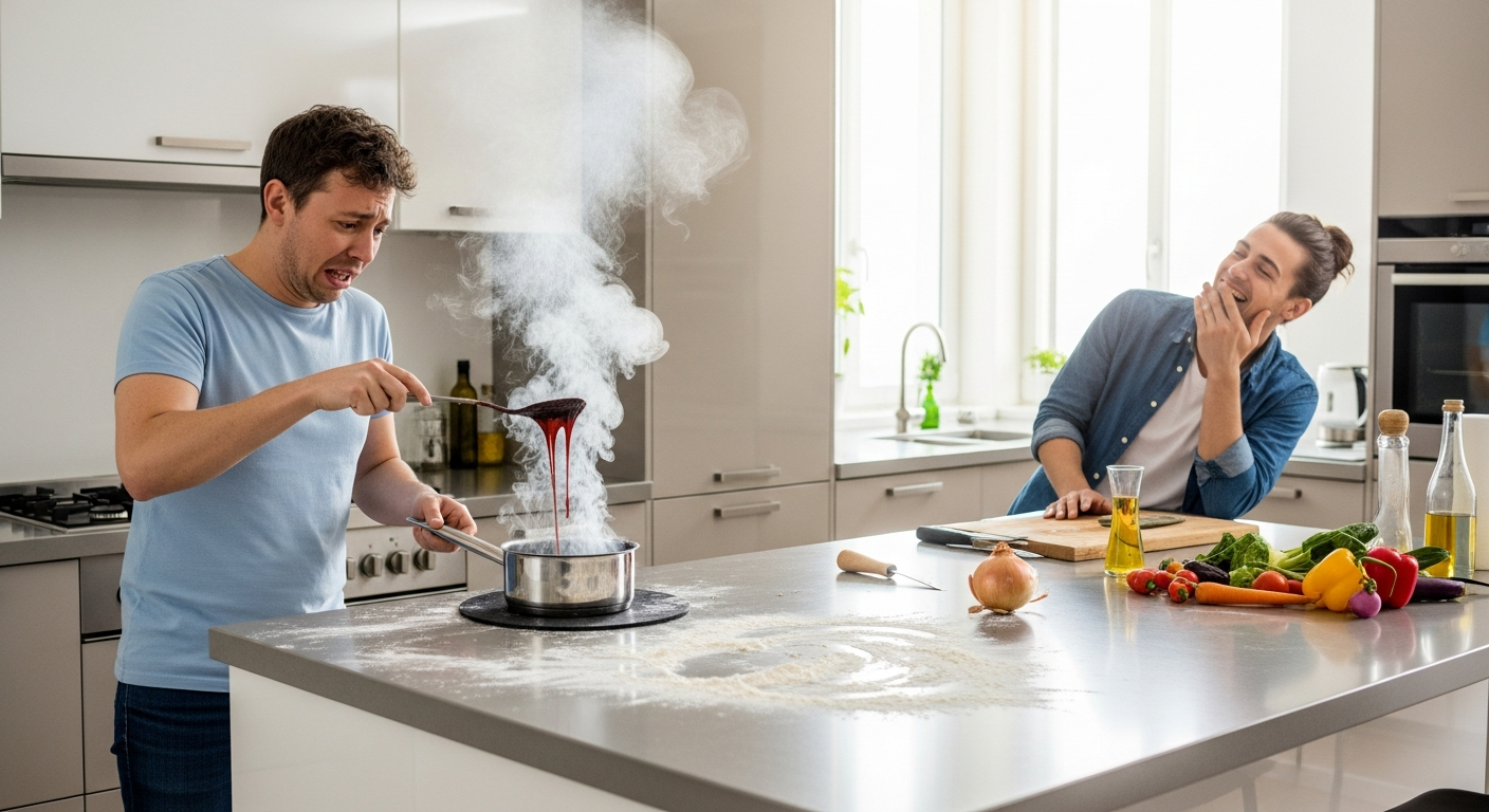 Photorealistic scene depicting two people in a lively kitchen sharing a humorous moment over a cooking mishap, with playful expressions and colorful ingredients visible