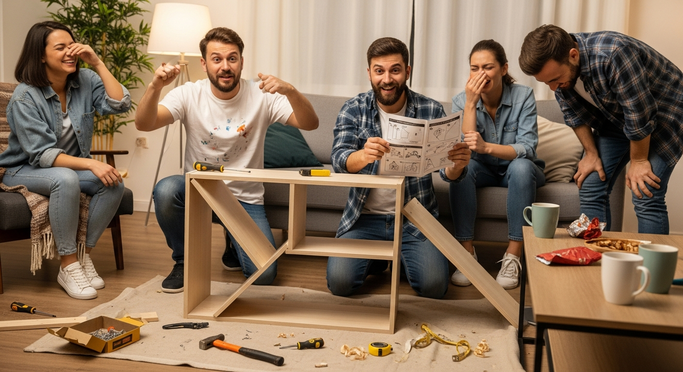 Picture of a group of friends in casual attire laughing over a failed DIY project in a cozy indoor setting, capturing genuine camaraderie and humor in life's small failures.