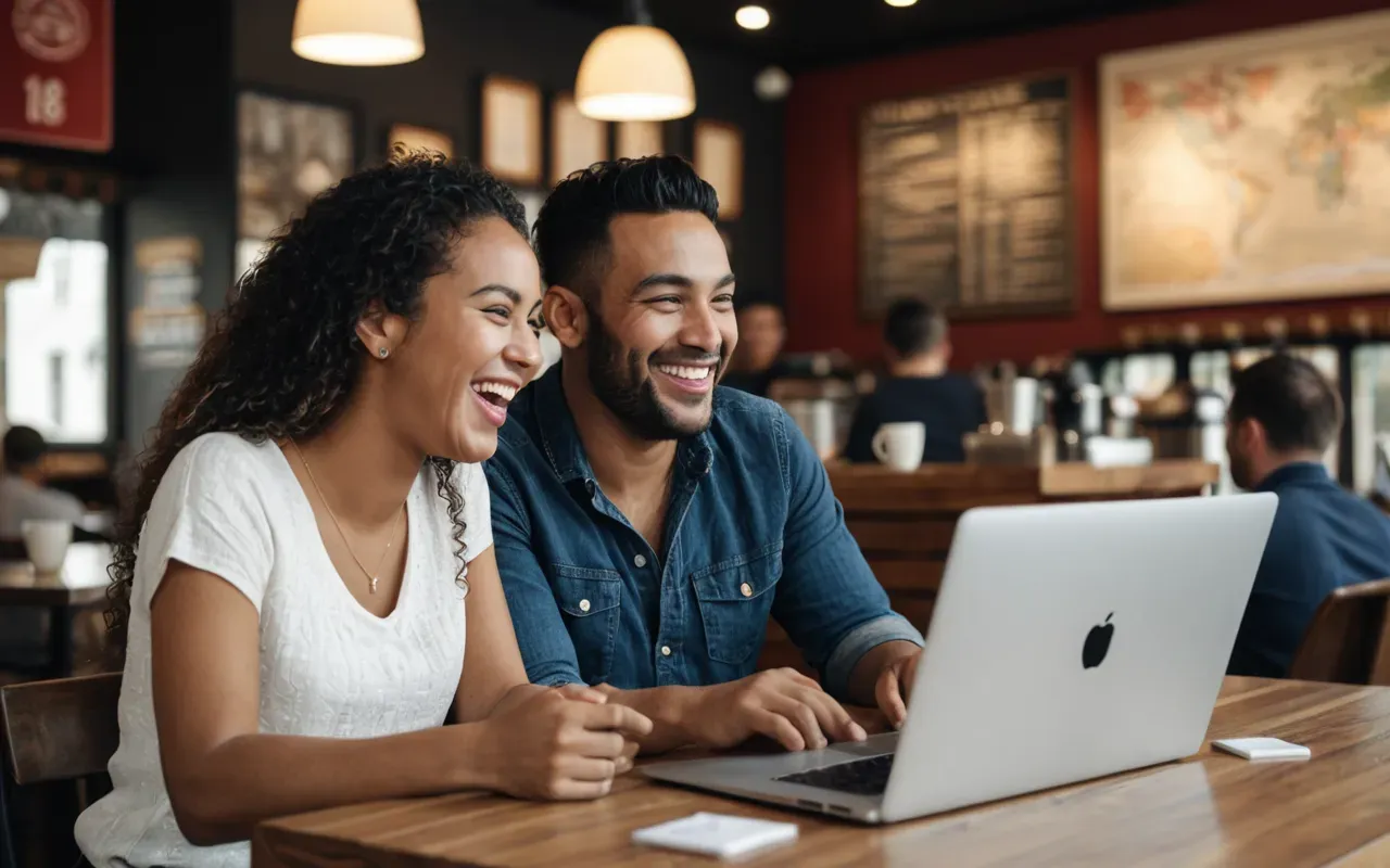 Two diverse friends sitting at a modern cafe table with laptops open in front of them. They are leaning back laughing heartily together while holding coffee mugs.