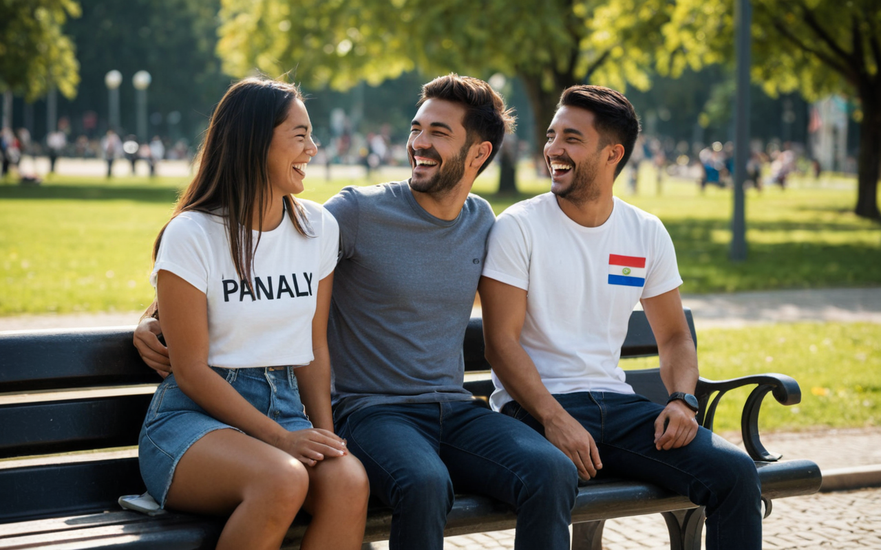 affiliative humor Two friends sitting on a simple bench in a bright modern park sharing a laugh, soft sunlight, relaxed body language, clean composition, no text or signage