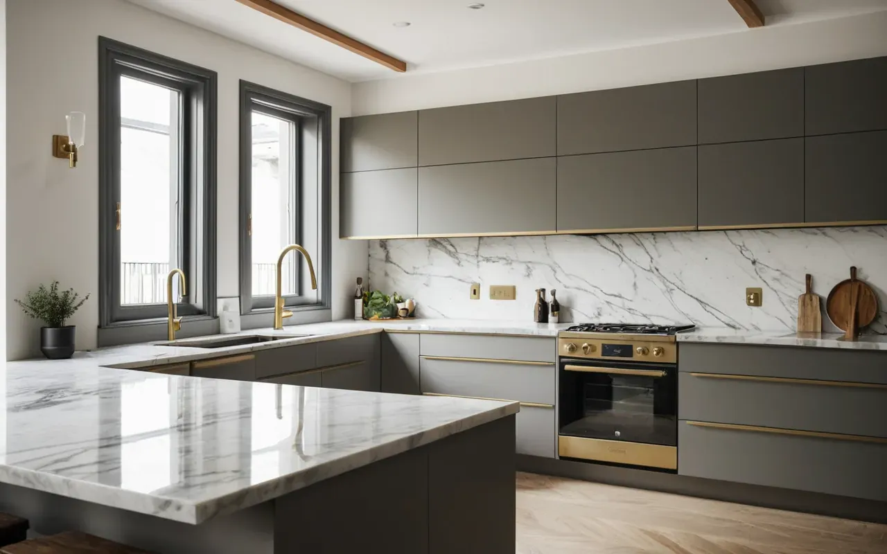 lifestyle teilzeit Wide shot of a modern minimalist kitchen interior with marble countertops, brushed brass fixtures, soft natural daylight, editorial photography