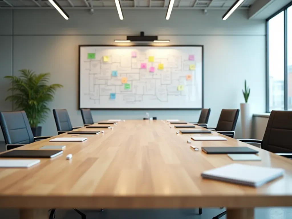 A bright modern office space with a long wooden conference table, several empty chairs, scattered notebooks, and a large whiteboard filled with colorful markers. Natural daylight streams through glass walls, clean minimalist aesthetic, no people, no visible text or logos.