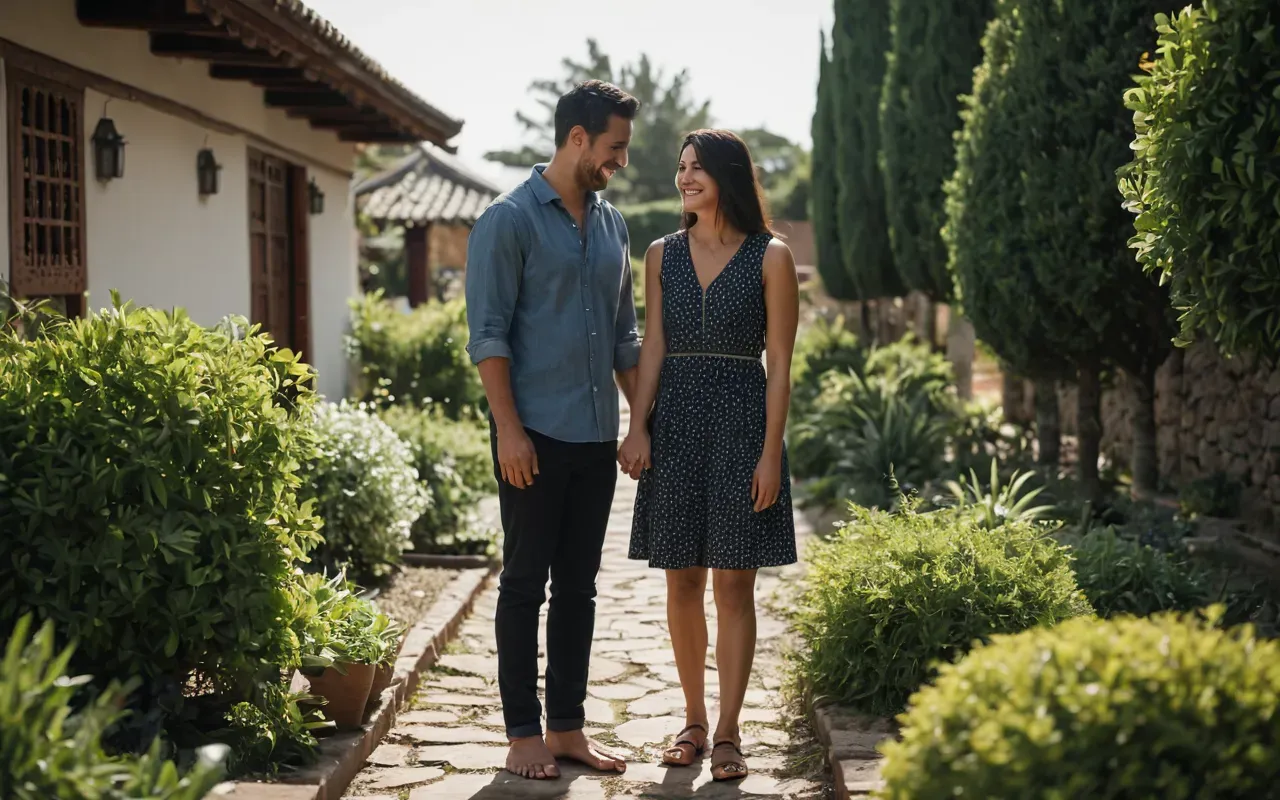 A candid shot of two people standing close together in a garden setting holding hands and looking down at their feet with gentle smiles on their faces.