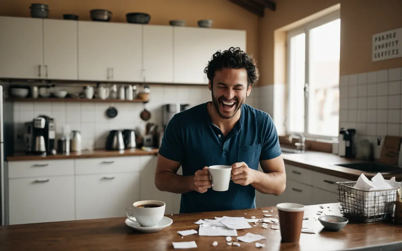 kitchen mishap laughter A chaotic but bright modern kitchen scene where a person in casual clothes is laughing while holding a spilled cup of coffee near a counter with scattered papers and a surprised cat sitting on the floor, warm natural lighting from a large window highlighting the relaxed mood.