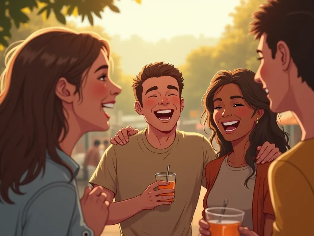 community laughter lifestyle A cheerful illustration-style photo showing a diverse group of people laughing together in a casual outdoor setting. The lighting is warm and natural, conveying a sense of community and shared amusement over everyday mishaps.