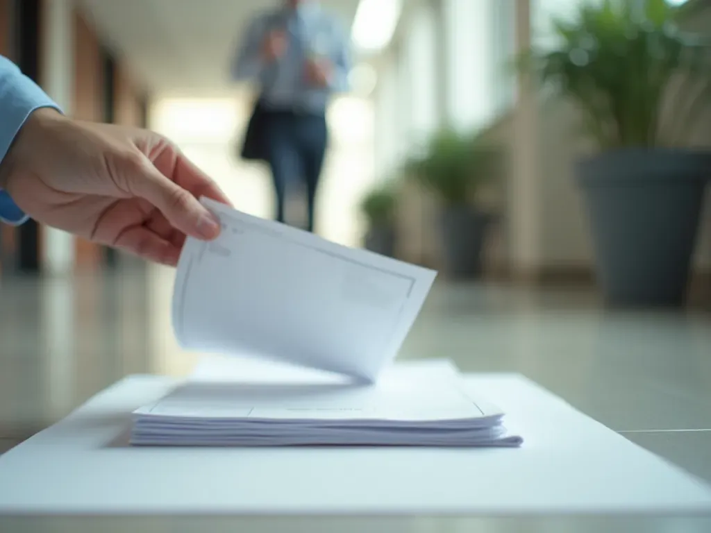 A close up of a hand dropping a stack of papers on a clean modern office floor with soft daylight and neutral colors