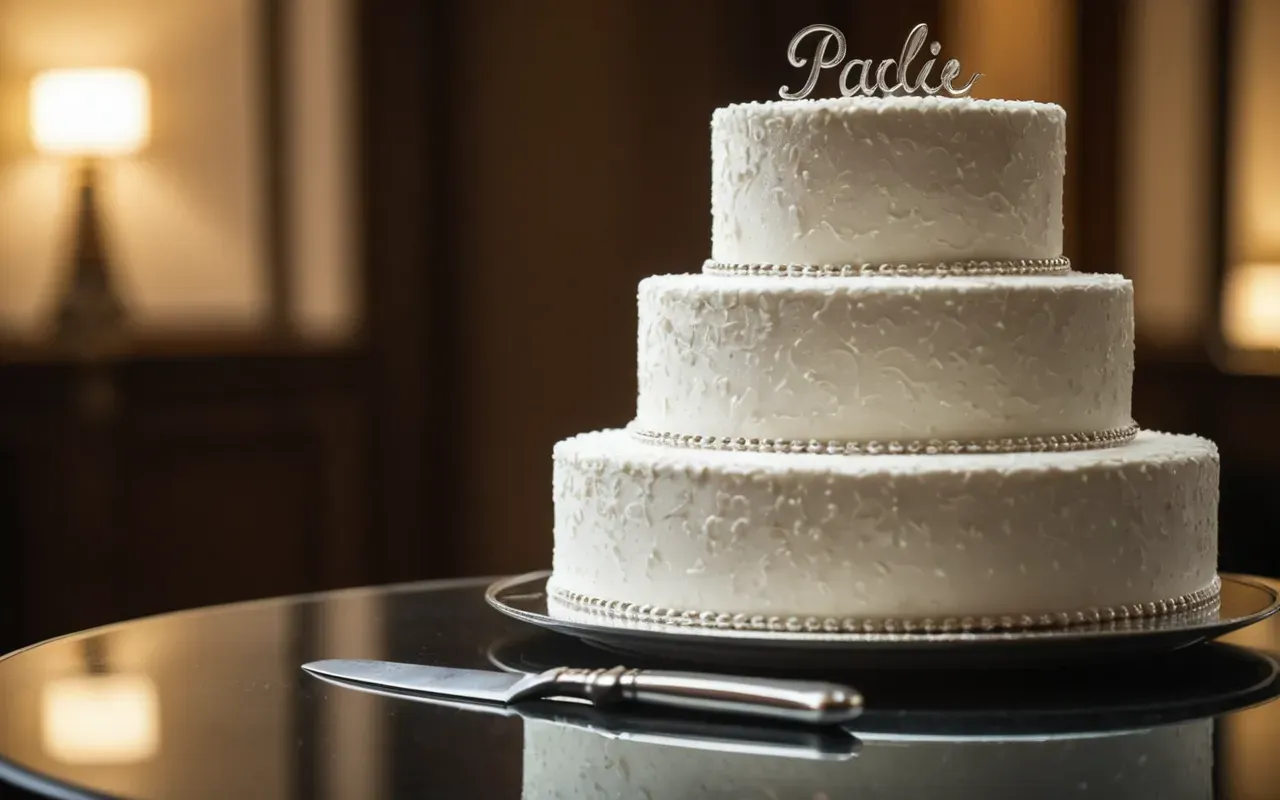 A close up of a tiered white wedding cake on a glass table with a silver knife resting at an odd angle next to it. Soft warm lighting highlights the texture of the frosting and a few crumbs scattered on the plate.