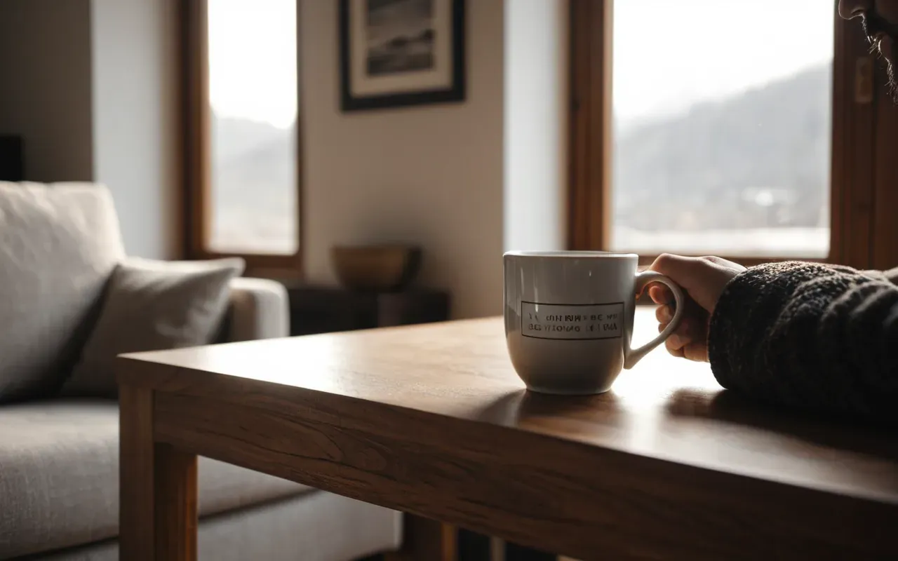 A close up of hands holding a warm mug of tea in a cozy modern living room with soft daylight streaming through large windows and minimal furniture.
