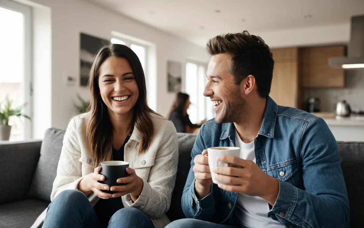 friends sharing funny moments A close up of two friends sitting on a modern couch holding smartphones and laughing heartily with coffee mugs nearby in a bright living room filled with houseplants and soft natural light creating a warm social atmosphere.