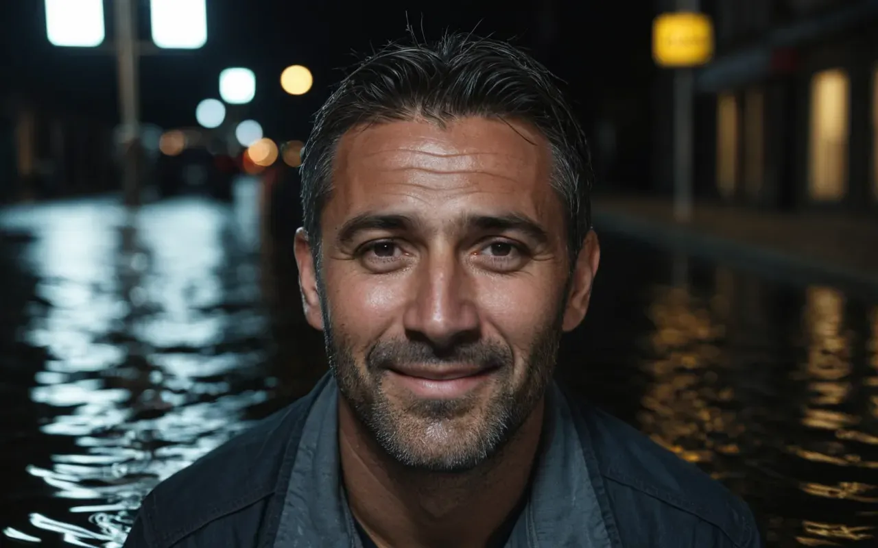 A close-up shot of a man's face reflecting in the dark water of a flooded street at night. His expression is calm and slightly amused rather than panicked. The lighting comes from distant amber streetlights, creating long reflections on the rippling surface of the rain-slicked asphalt.