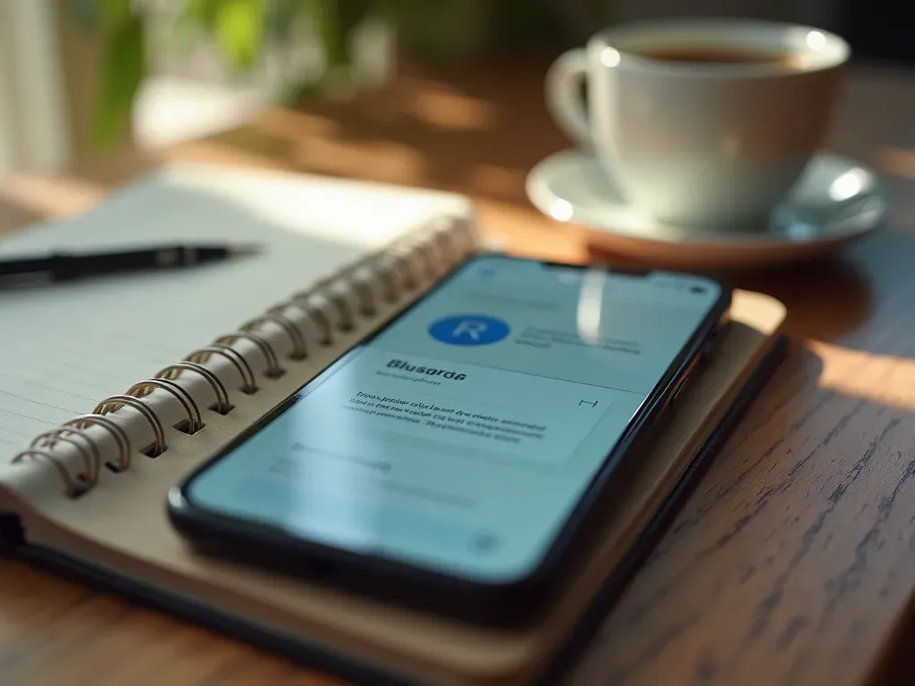 A close-up shot of a modern smartphone resting on a wooden desk next to an open notebook and a cup of coffee. The screen displays a generic browser interface with no visible text or icons, emphasizing the concept of digital privacy and personal space in a quiet indoor setting.