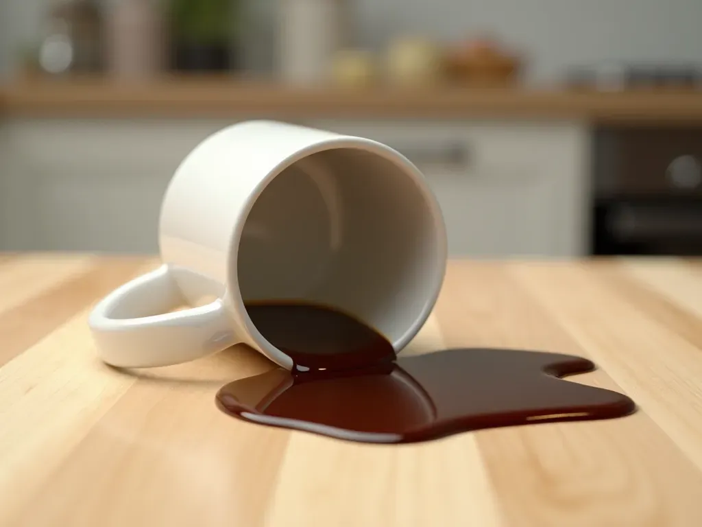 A close up shot of a white ceramic mug tipped over on a light wooden kitchen counter. Dark liquid spreads out in an irregular shape across the wood grain. The lighting is soft and natural morning light coming from a nearby window. No text or words are visible anywhere in the scene.