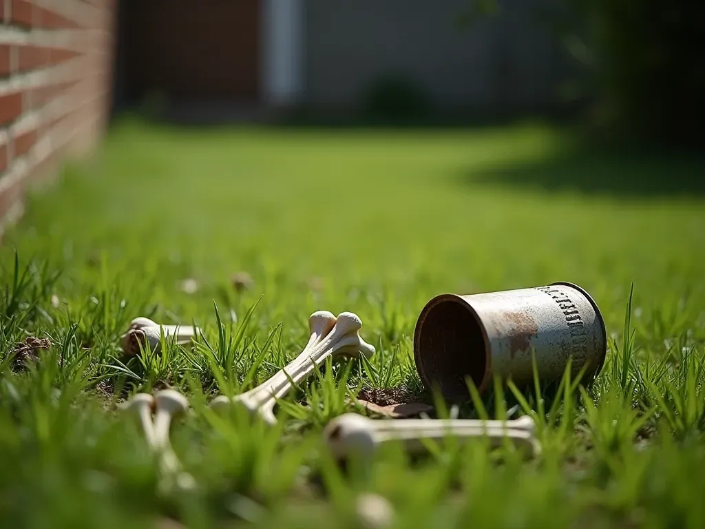 A close up view of a grassy lawn area near a house foundation. Scattered in the green blades are small animal bones and a rusted metal can. The lighting is bright daylight with sharp shadows.