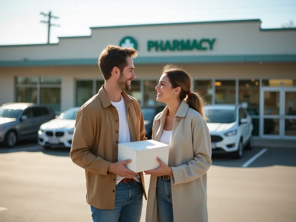 A couple standing in a sunny outdoor parking lot near a modern pharmacy building. They are holding a small white box and laughing together with genuine joy.