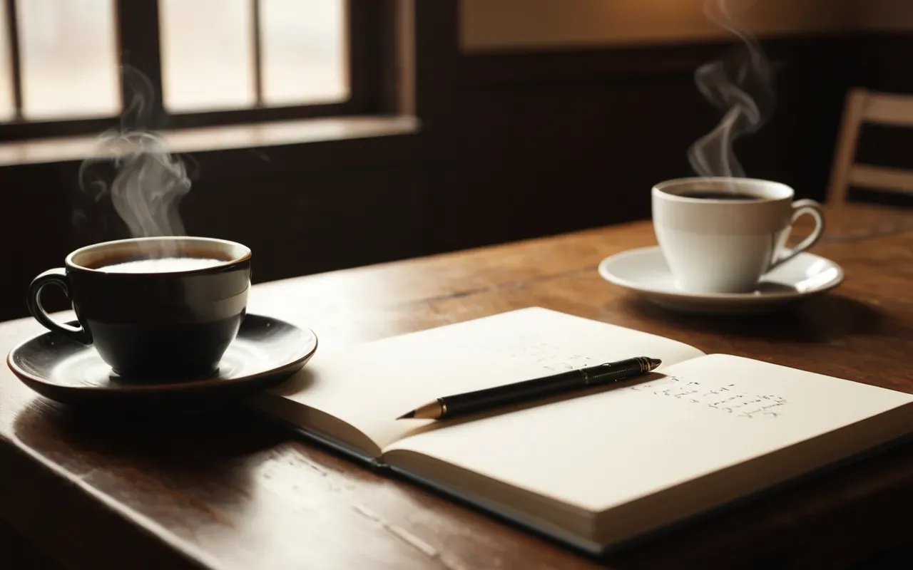 daily creative routine A cozy desk setup with a sketchbook open to blank pages and a simple pencil resting on top near a cup of coffee steaming gently in warm indoor lighting. The scene is tidy and calm.